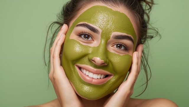 Young woman wearing green clay face mask smiling closeup for natural skincare routine