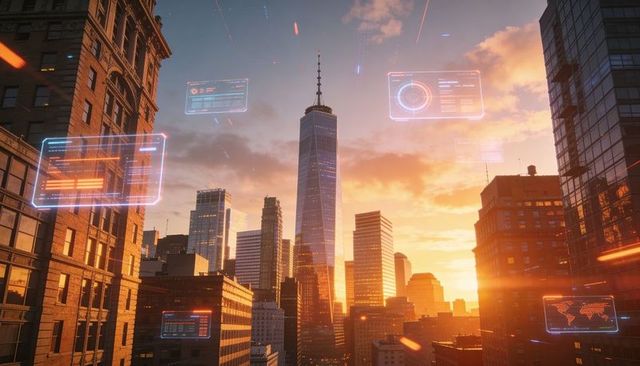 Golden sunset tech skyline featuring spire tower, futuristic holographic huds over city