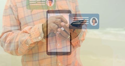 Digital communication on beach, smartphone messages icon overlay