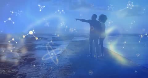 Couple Walking on Pier with Abstract Science Graphics Overlay