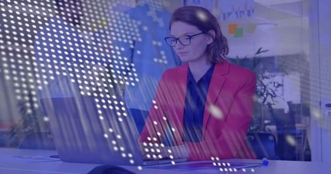 Businesswoman Analyzing Financial Data with Laptop Overlay