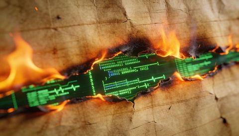 Burning paper releasing neon green code through scorched tear with flames and embers