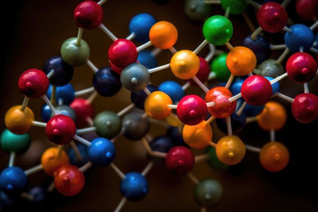 Colourful atoms forming molecular structure, created using generative ai technology. Science, nature, matter, model and structure concept digitally generated image.