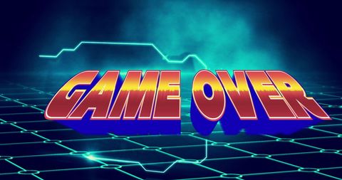 Retro Game Over Screen with Neon Grid Background