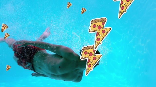 Depiction of man enjoying leisure time in swimming pool surrounded by digitally animated pizza graphics. This imaginative concept integrates vivid fun elements with real-world activity, making the composition visually engaging. Ideal for use in advertising summer promotions, creative visual storytelling, and event invitations that target audiences interested in digital art or unique promotional content.