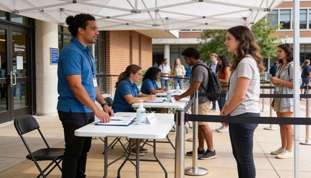 Campus registration check-in line with volunteers welcoming students under canopy tent