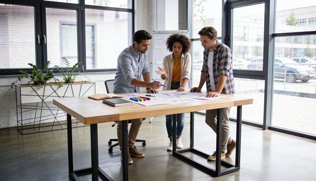 Creative team collaborating over design plans at modern coworking table with markers