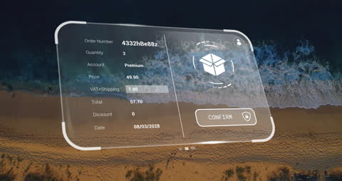 Futuristic Digital Interface Overlaying Beach Landscape