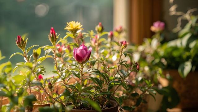 Vibrant Blooming Shrubs on Sunlit Wooden Windowsill