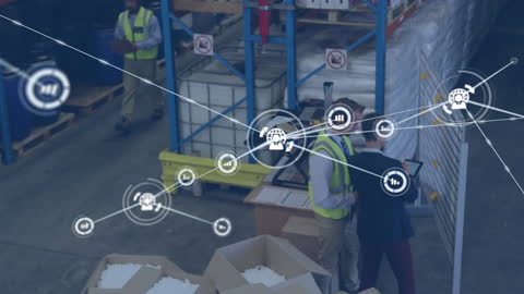 Warehouse Workers Collaborating with Logistics Technology Interface
