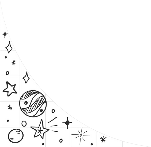 Teal semicircle with cosmic doodles on transparent background