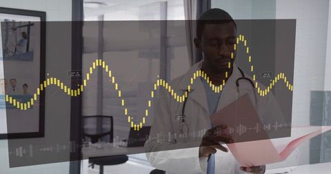 Doctor analyzing healthcare analytics dashboard with tablet and patient records