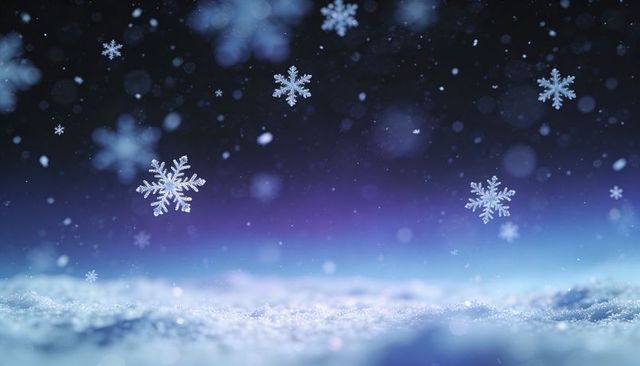 Floating crystal snowflake at twilight over fresh snow, blue bokeh, macro frost detail