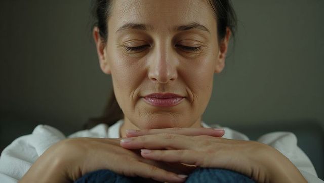 Contemplative middle-aged woman resting chin on folded hands minimal natural portrait