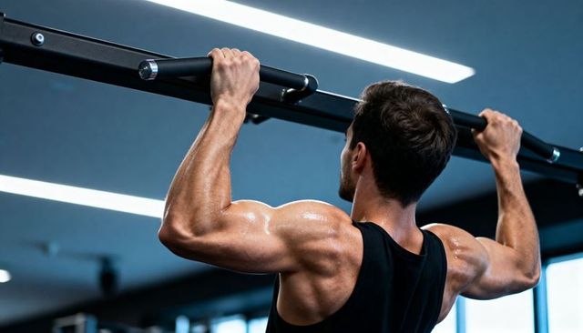 Muscular man doing pull-ups on bar showcasing defined back and shoulder strength