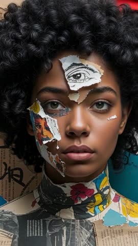Vertical video capturing model posing with torn paper collage layered across face and neck