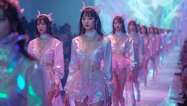 Elegant model in pink fringe skirt walks fashion runway with crystal headpiece