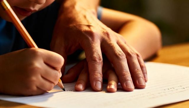Adult guiding child writing homework hand-over-hand pencil on lined paper close-up