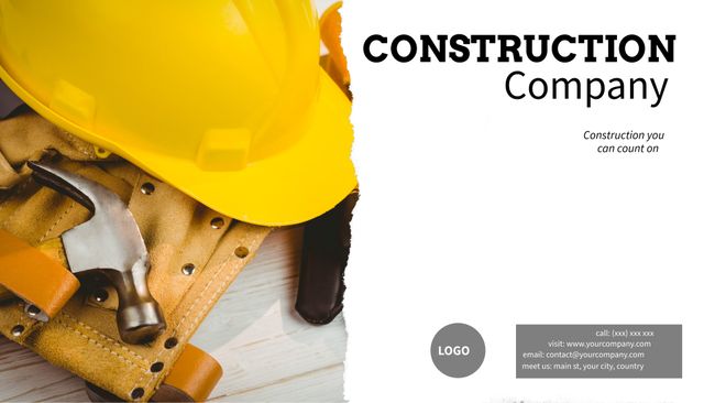 Template showing construction equipment like a hard hat and toolkit. Perfect for company branding, marketing materials, safety training presentation slides, online advertisements, and promotional content aimed at emphasizing reliability and safety in construction industries.