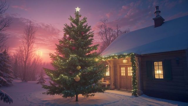 Cozy Snowy Cottage with Illuminated Christmas Tree at Sunset
