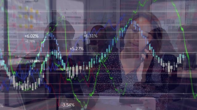 A businesswoman is engaged in a phone conversation at her office desk. Overlaid stock market graphs and numbers signify financial analysis and data processing. Useful for illustrating corporate environments, financial analysis discussions, and productively working scenarios.