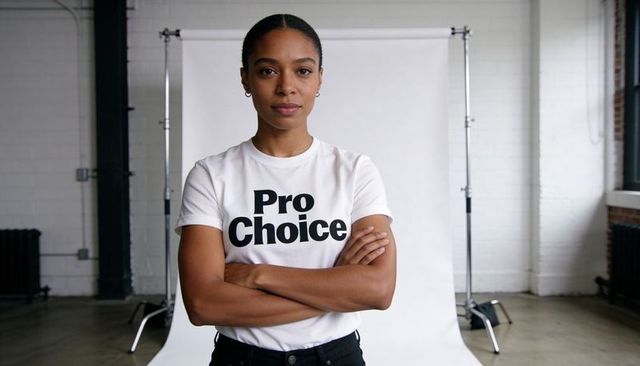 Standing woman wearing pro choice t-shirt crossing arms, conveying confidence and activism