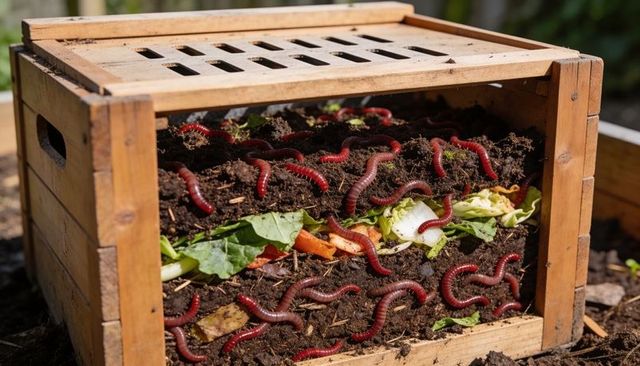 Wooden worm compost box revealing red wigglers and vegetable scraps for vermicompost