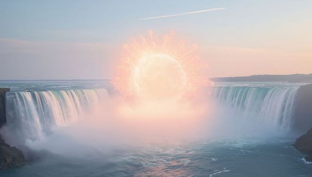 Glowing energy orb hovering above misty waterfall at sunrise, surreal light spectacle