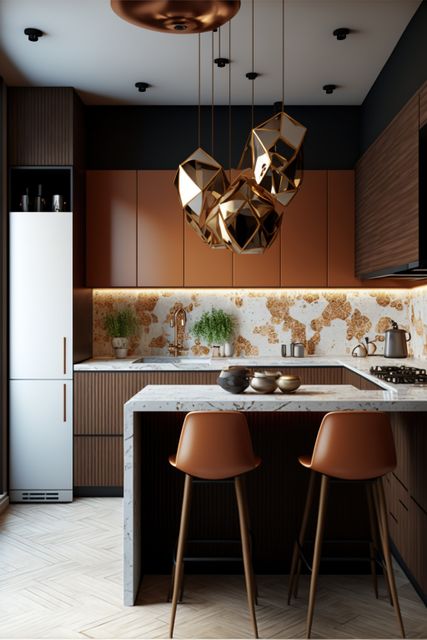 Showcases a modern kitchen design featuring sleek copper accents and stylish designer lighting. Marbled countertop and backlit backsplash create a luxurious feel. Ideal for use in interior design blogs, kitchen renovation advertisements, or upscale home improvement projects.