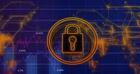 Neon Padlock on Financial Charts Representing Cybersecurity, Encryption, Data Protection