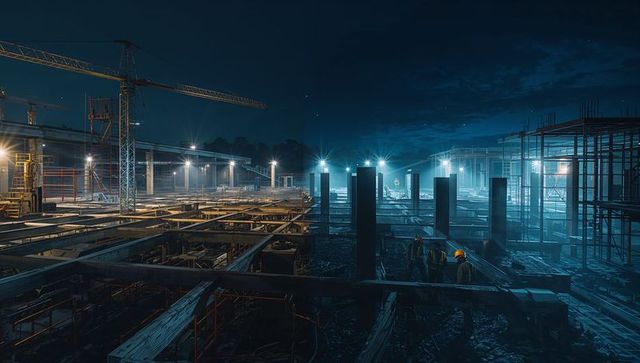 Construction Workers Inspecting Site at Night