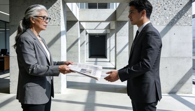 Senior executives exchanging newspaper in modern concrete office atrium for business handoff