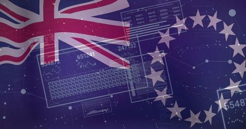 Brexit EU digital data overlay blending Union Jack with EU star ring and analytics HUD