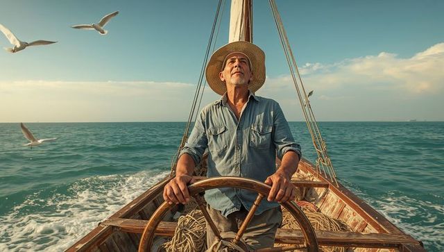 Senior sailor steering classic wooden helm on open sea with straw hat and seagulls