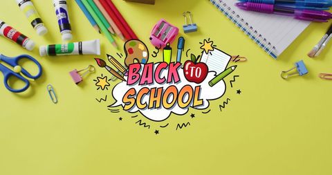 Creative Back-to-School Text over Colorful Stationery on Yellow Background - Download Free Stock Images Pikwizard.com