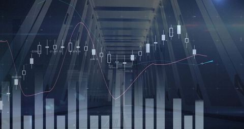 Projecting Financial Charts Over Modern Architectural Corridor With Candlestick Graphs