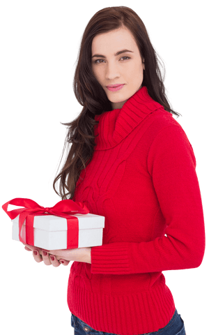 brunette woman in red sweater holding transparent gift box - Download Free Stock Videos Pikwizard.com
