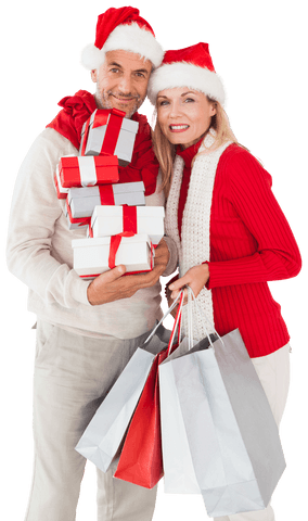 Transparent Happy Couple Holding Christmas Gifts and Shopping Bags