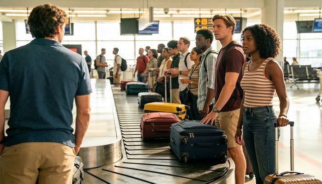Diverse travelers waiting at baggage claim collecting suitcases on airport carousel