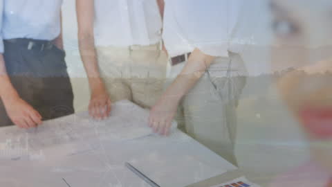 Blended Reality of Business Team Analyzing Blueprints