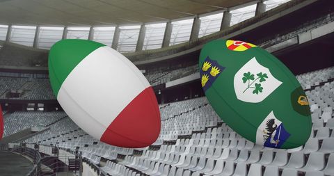 International rugby balls in empty stadium showing national pride