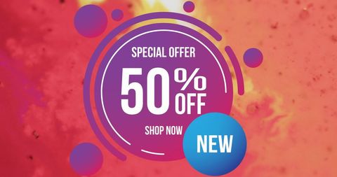 bright graphic promoting a 50% discount through striking circular designs on a vivid red background. eye-catching for online sales, digital marketing campaigns, social media posts, retail announcements, and advertisements. ideal for grabbing customer attention.