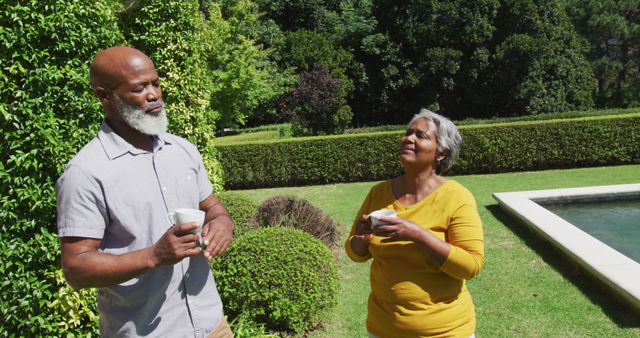 Senior african american couple talking and holding cups of tea in sunny garden. retirement, senior lifestyle, domestic life and leisure time.