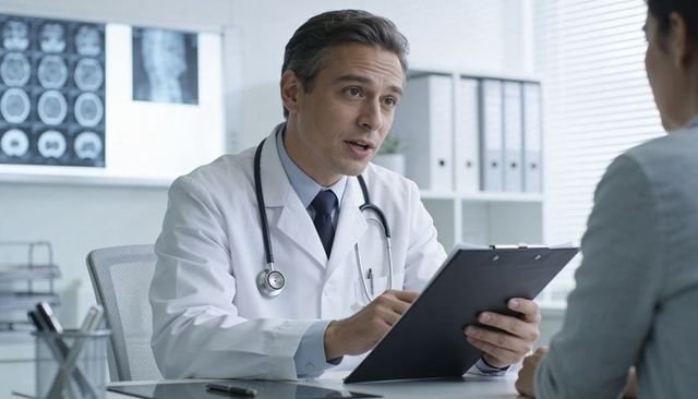 Doctor consulting patient with clipboard in modern clinic discussing health and treatment