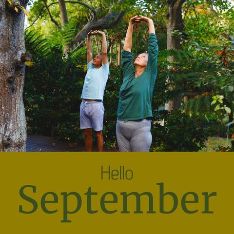 couple practicing yoga in garden welcoming september - Download Free Stock Templates Pikwizard.com