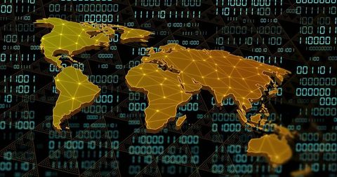 Glowing Golden Low-Poly World Map Showing Network Nodes, Binary Data Grid, Global Connectivity