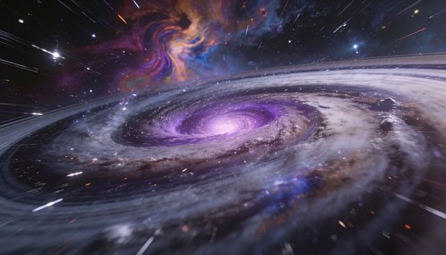 Swirling Massive Spiral Galaxy Revealing Purple Vortex Core and Nebula Energy