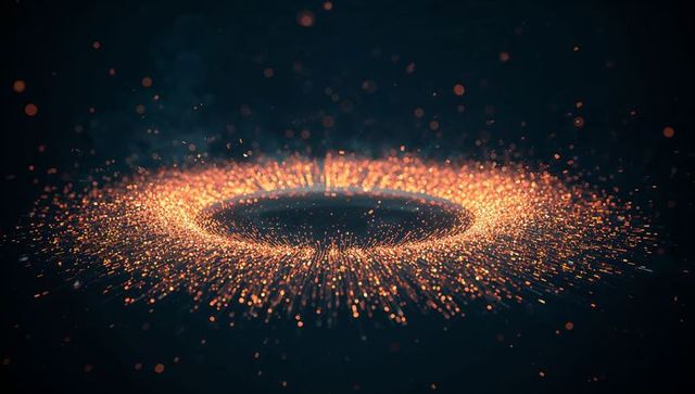 Glowing abstract ring of orange-gold particles in futuristic void