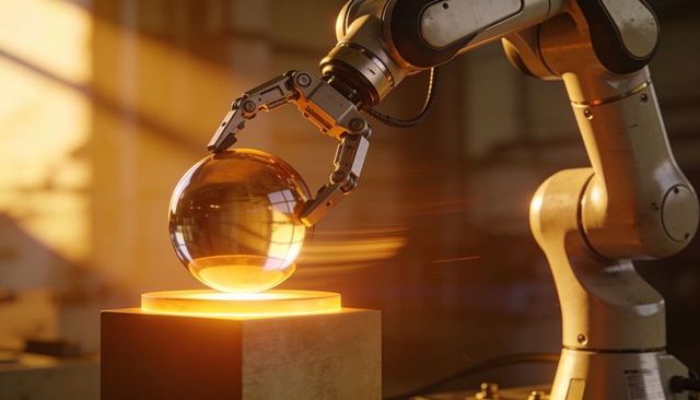 Robotic arm holding crystal sphere above glowing platform, advanced industrial automation