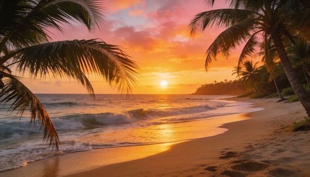 Palm-framed golden sunset casting glow over tropical beach with waves lapping shore